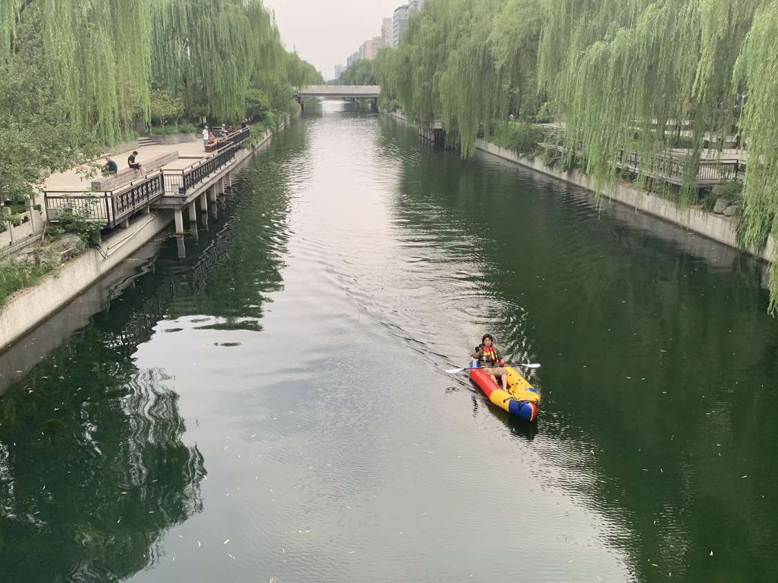 北京一男子划皮划艇上班：不堵车 网友称走路上班也就40分钟